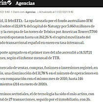 Telxius y opa a Naturgy disparan el mercado transaccional en enero un 262,2 %